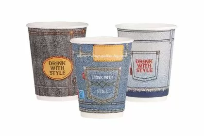 Картонена двустенна чаша 14 оз - 350 мл, В ПРОМОЦИЯ  JEANS DESIGN, MIX -  25 бр / 500 бр
