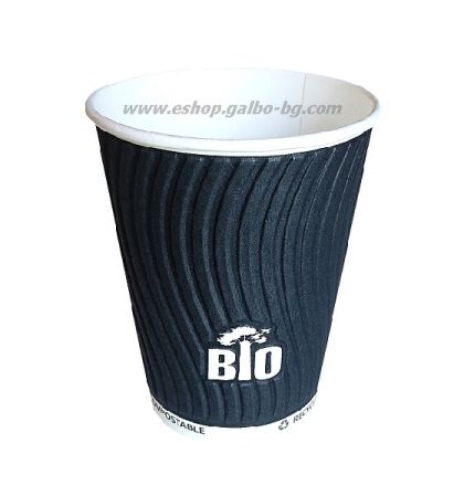 Биоразградима двустенна черна релефна картонена чаша 8 oz (200 мл) BLACK BIO TREE - 25 бр / 500 бр
