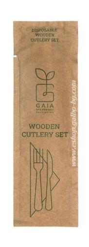 Комплект дървени прибори GAIA LINE - вилица, нож, салфетка,  100 бр / 500 бр