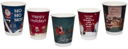Картонена двустенна чаша 14 оз - 350 мл,  микс от 5 CHRISTMAS дизайна - 500 бр