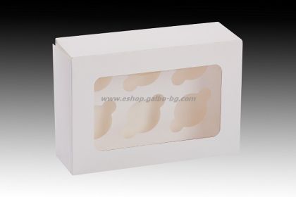 Бяла картонена кутия за 6 мини мъфина с прозорец и сепаратор 14*20*6.3 см 25 / 275 бр