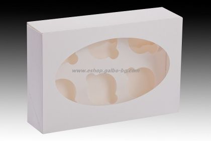 Бяла картонена кутия за 6 мъфина с прозорец  и разделител  20*30*7,6 см, 25 бр/ 200 бр