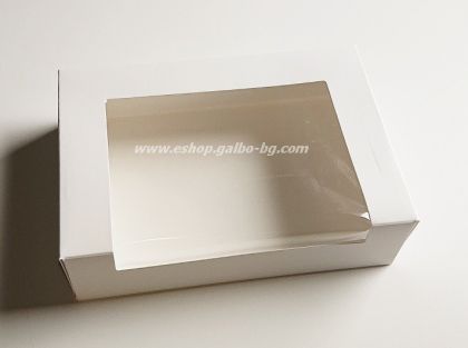 Картонена кутия малка БЯЛА за бонбони,макарони и дребни сладки  с прозорец   16,5*11,5*4 см  25 / 600 бр
