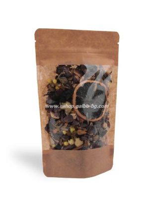 Дойпак крафт плик за чай и ядки с широк прозорец и цип 110/65/185 мм 25 , 100 бр / 2000 бр  КОД 2023