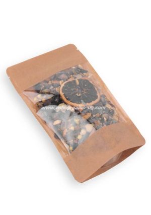 Дойпак крафт плик за чай и ядки с широк прозорец и цип 110/65/185 мм 25 , 100 бр / 2000 бр  КОД 2023