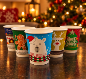 Картонена двустенна чаша 8 оз - 200 мл, В ПРОМОЦИЯ  CHRISTMAS 5  DESIGNS  MIX - 500 бр